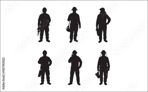 Firefighter Silhouette Action Hose Water Rescue Emergency Team Icon Set, firefighter, silhouette, action, hose, water, rescue, emergency, team, icon, uniform, helmet, spray, gear,