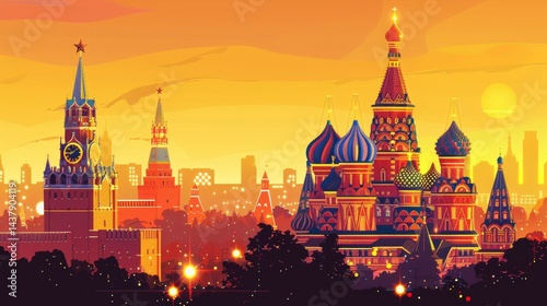 Cartoon vector illustration of Moscow at night featuring St. Basil's Cathedral with golden domes, Red Square and Historical Museum, vibrant city lights with text space