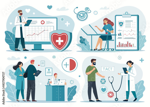 Illustration showing various medical professionals and patients in different healthcare scenarios and settings