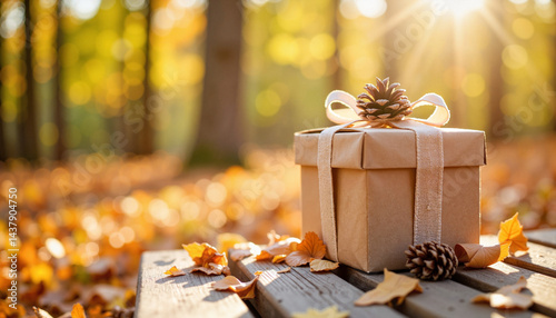 Rustic gift box with pinecone in autumn leaves, seasonal warmth
