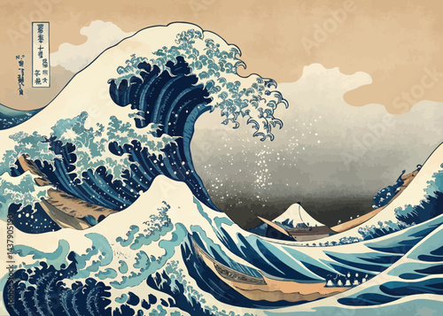 Illustration of a large ocean wave with boats and a mountain in the background in a japanese style art 100