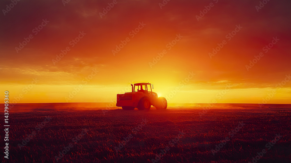 Fototapeta premium silhouette of tractor against vibrant sunset sky, creating serene atmosphere