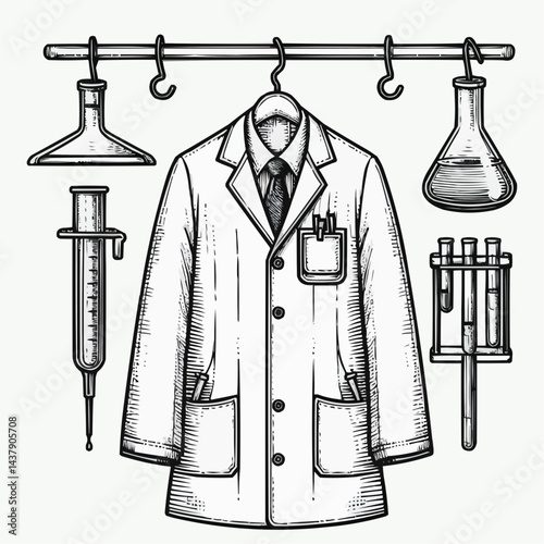 Vintage black and white illustration of a lab coat and scientific equipment hanging in a laboratory setting