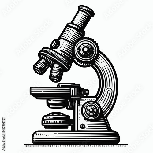 Classic black and white illustration of a microscope representing scientific research and examination