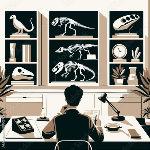Vintage style illustration of a person studying fossils in a museum-like room with dinosaur skeletons