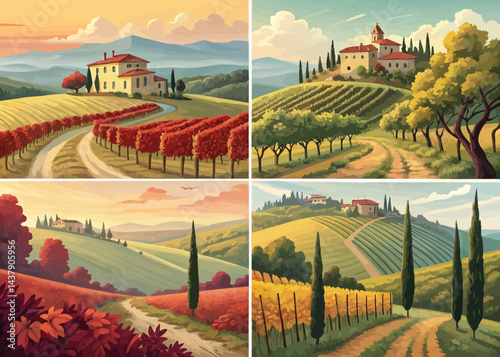 Four scenic tuscan landscapes featuring rolling hills vineyards and charming buildings in a collage format