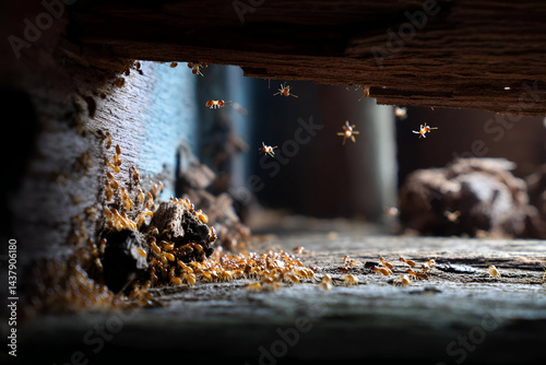 A colony of termites at work, chewing through a wooden beam, their tiny bodies visible as they carry pieces of wood into their tunnels. The camera captures this in high detail.