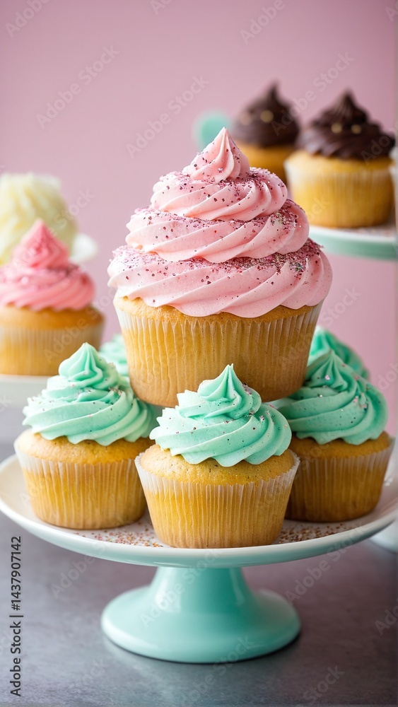 Delicious and Delightful: A Tiered Display of Colorful Cupcakes with Creamy Frosting and a Sprinkle of Sweetness Ready to Be Enjoyed.