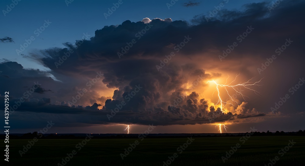 Obraz premium Striking Lightning Storm Over Green Field at Dusk with Dramatic Clouds