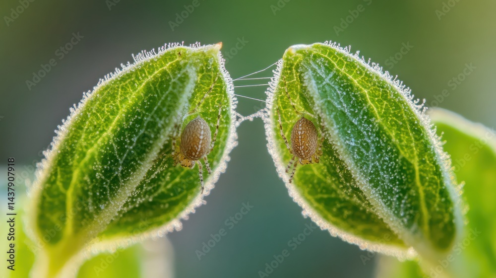 Two tiny insects on closely positioned plant leaves. Two tiny insects on closely positioned plant leaves.