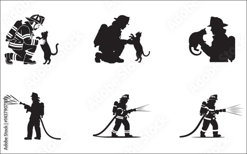 Firefighter Silhouette Action Hose Water Rescue Emergency Team Icon Set, firefighter, silhouette, action, hose, water, rescue, emergency, team, icon, uniform, helmet, spray, gear,