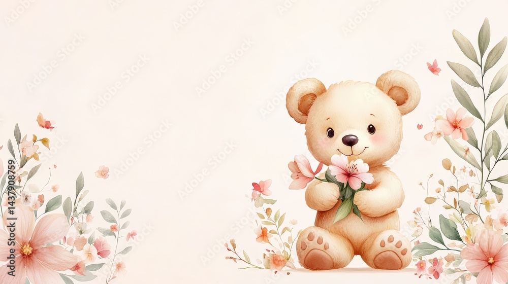 Obraz premium Cute illustrated bear in soft watercolor style, holding a flower with a gentle smile