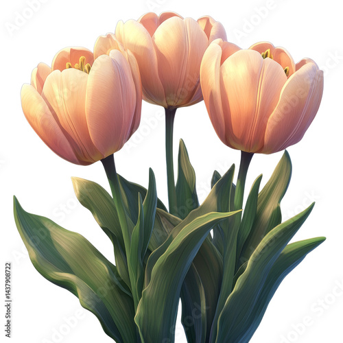Close-up view of three pastel peach tulips.