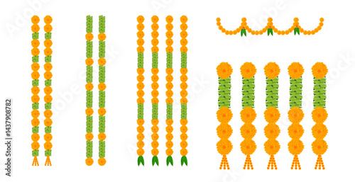 indian hindu wedding elements vector marigold floral garland vector, wedding and festival decoration, border flower decoration with transparent background