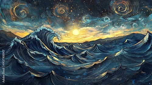 A stunning drawing of a vibrant sunset over the ocean, with towering waves crashing beneath the colorful sky.