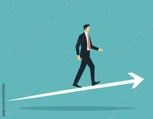 Consistency to growth, reliability or stability to progress in career development, balance or steady step, continuity growing, certainty concept, businessman walk slowly on steady consistence arrow.