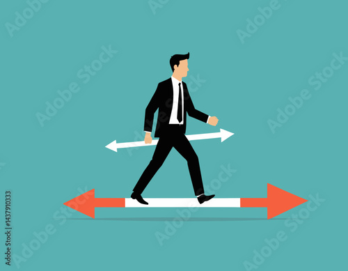Consistency to growth, reliability or stability to progress in career development, balance or steady step, continuity growing, certainty concept, businessman walk slowly on steady consistence arrow.