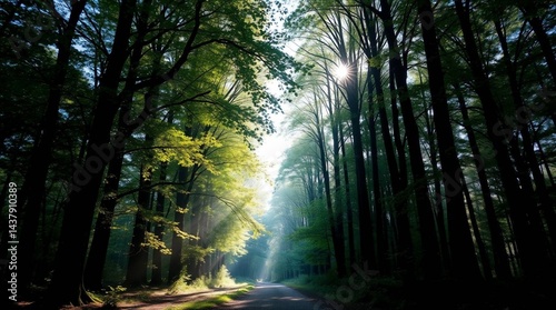 Sunlight Filtering Through Green Forest Trees on a Peaceful Path – 8k Nature Background.
