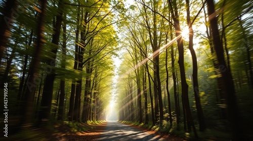 Sunlight Filtering Through Green Forest Trees on a Peaceful Path – 8k Nature Background.