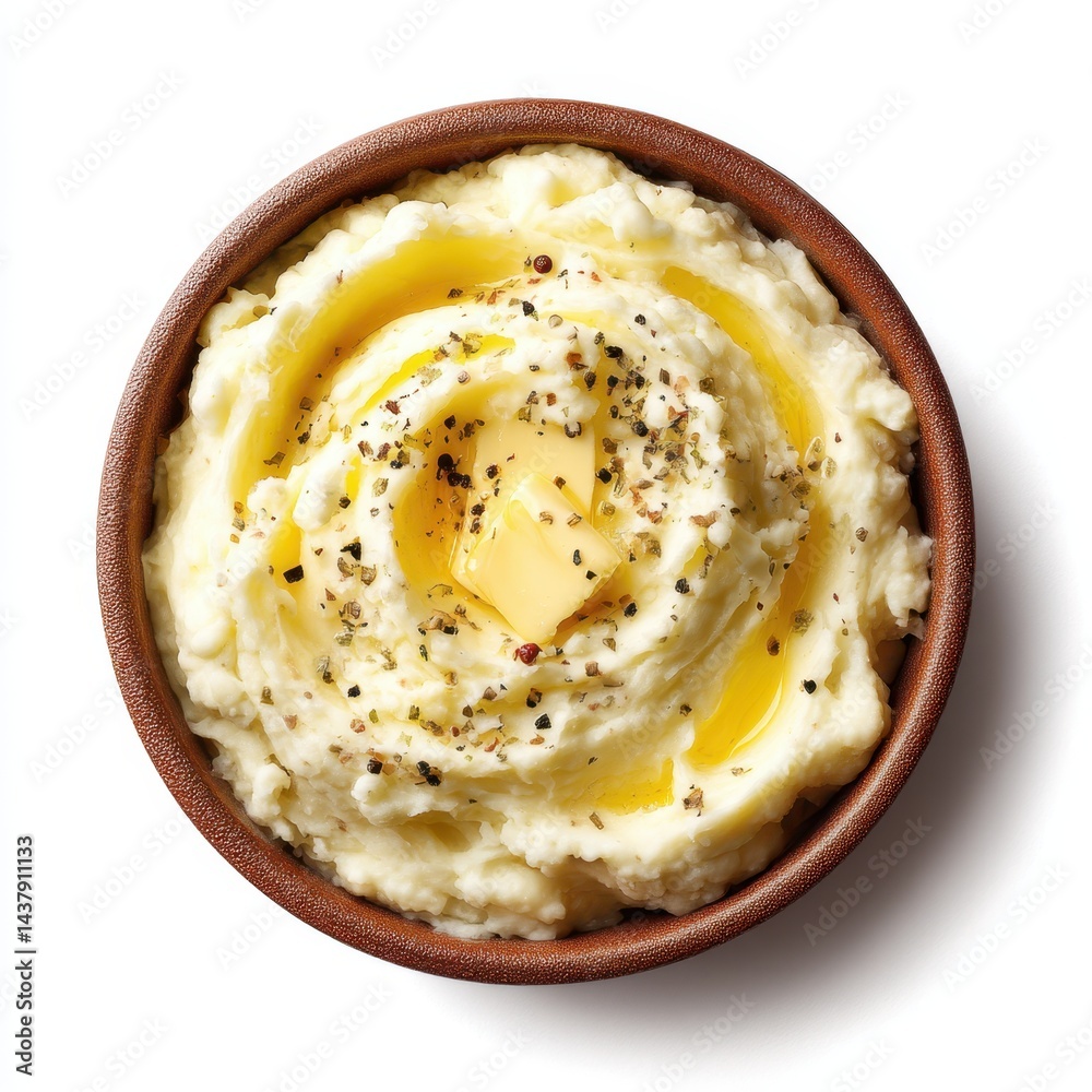Mashed potatoes with butter in bowl on white background Mashed potatoes with butter in bowl on white background