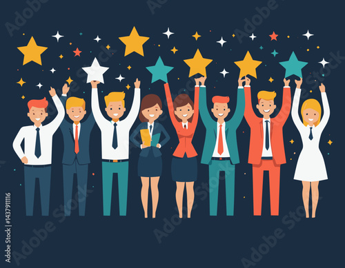 Employee engagement, commitment or motivation to success with company, staff dedication or job satisfaction, productivity or employee recognition, business people employee with stars and happy reward.