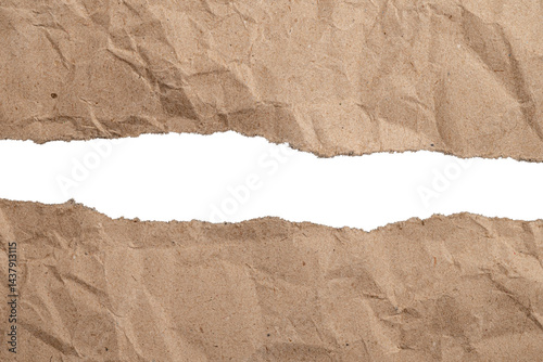 Torn brown paper with white space background
