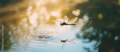 A dragonfly flying above a pond, wings captured in perfect motion, casting a shadow on the water below. The sunlight reflects off the water's surface as the dragonfly zips through the air.