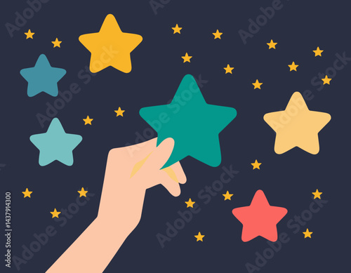 Customer experience, best score rating, client feedback or consumer review, 5 stars rating, like or positive survey, customer satisfaction concept, happy young adult customer holding 5 stars rating.