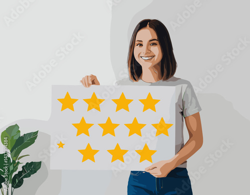 Customer experience, best score rating, client feedback or consumer review, 5 stars rating, like or positive survey, customer satisfaction concept, happy young adult customer holding 5 stars rating.