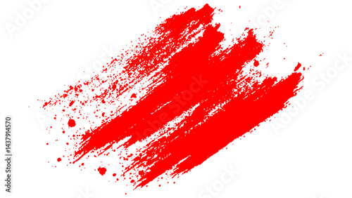 Abstract red paint splatter on white background. Stylish, grunge with a rough, worn look in dust and scratches on a white background. Brush strokes, stain grunge isolated on white background,