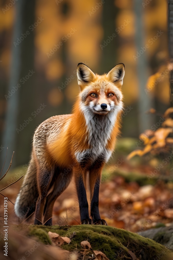 Fototapeta premium A majestic red fox standing alert in a natural forest clearing, full body view, soft natural light highlighting its fur, vivid autumn