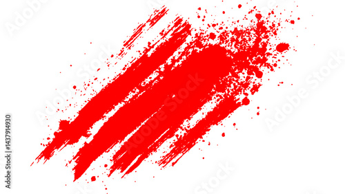 Abstract red paint splatter on white background. Stylish, grunge with a rough, worn look in dust and scratches on a white background. Brush strokes, stain grunge isolated on white background,