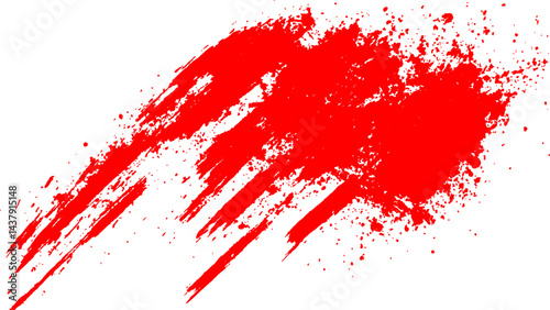 Abstract red paint splatter on white background. Stylish, grunge with a rough, worn look in dust and scratches on a white background. Brush strokes, stain grunge isolated on white background,