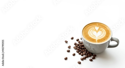 hot espresso and coffee bean on white table in the background. top view