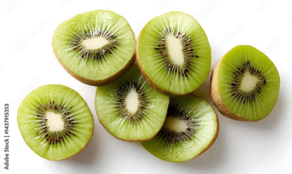 Fototapeta premium Kiwi slices on a white background, Generative AI