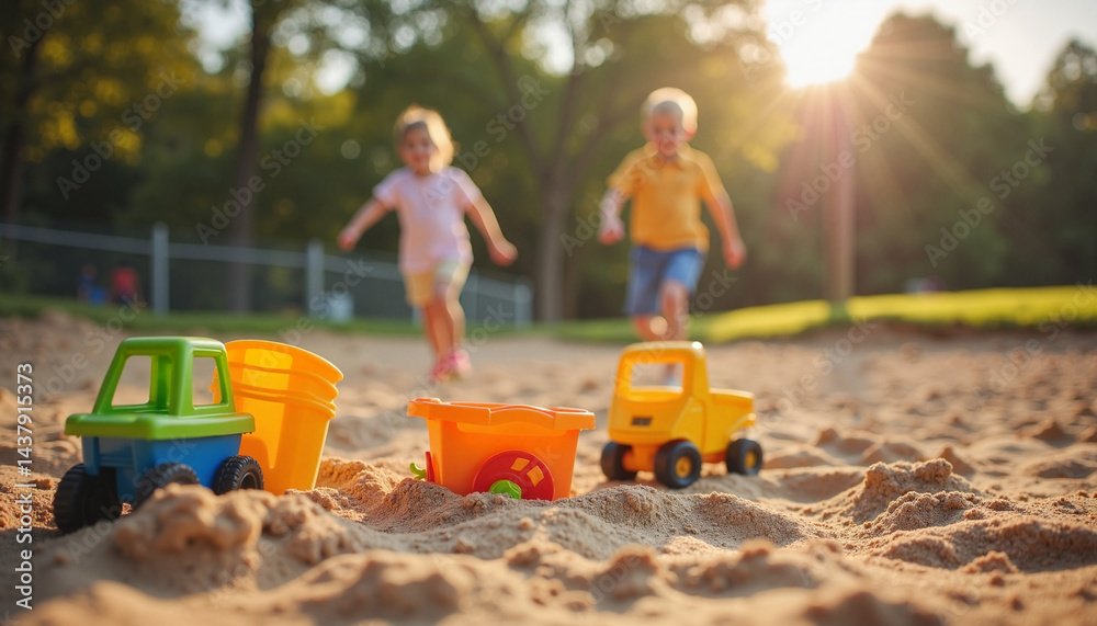 Children playing joyfully with toys in a sunny sandbox, International Children's Day