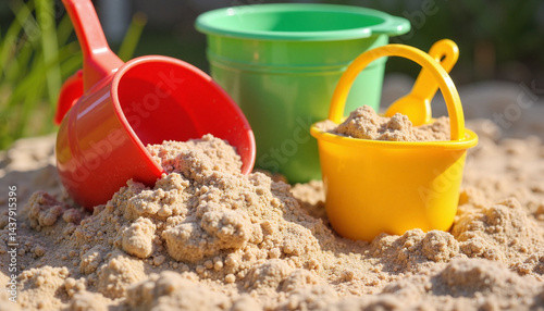Obraz na płótnie Colorful sandbox toys for International Children's Day in sunlight w salonie