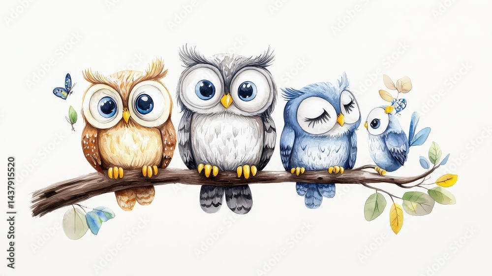 Fototapeta premium Hand-painted watercolor owls symbolizing family love and togetherness, perched with gentle smiles