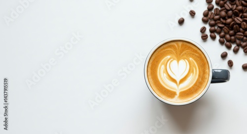 hot espresso and coffee bean on white table in the background. top view