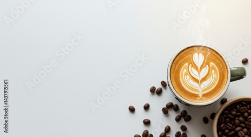 hot espresso and coffee bean on white table in the background. top view