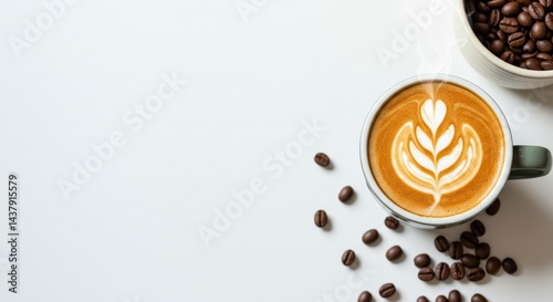 hot espresso and coffee bean on white table in the background. top view