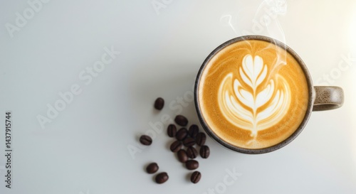 hot espresso and coffee bean on white table in the background. top view