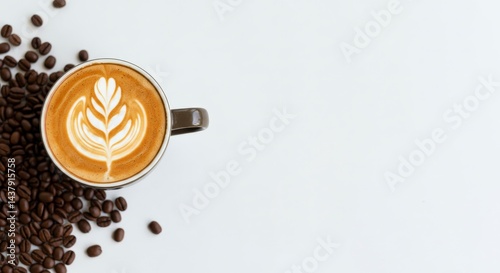 hot espresso and coffee bean on white table in the background. top view