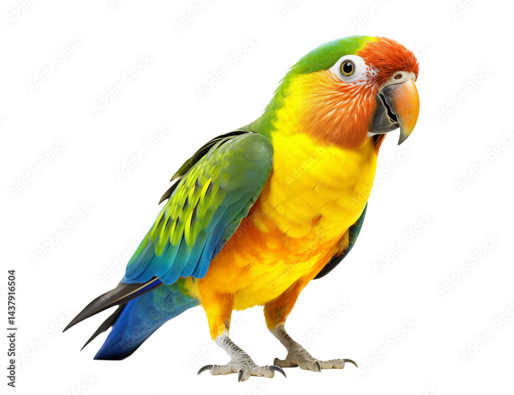 Fototapeta premium A colorful sun conure parrot standing against a stark image transparent background png