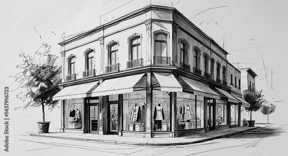 Fototapeta premium Stylish fashion boutique shop building design in sketch hand drawing black and white on plain white background