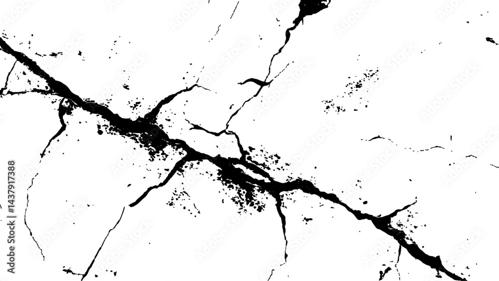 Fototapeta premium Vector grunge cracked texture style with cracked texture isolated on white background. Cracks concrete wall texture white and black. Grungy, grunge effect, grunge texture, dry land crack effect,
