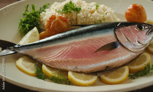 A fish served with lemons and rice, perfect for a meal or dinner