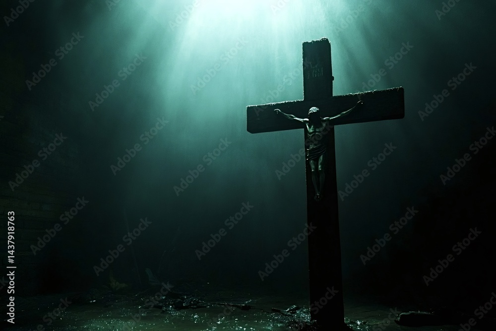 Naklejka premium Jesus christ on the cross, illuminated by beams of light, creating a dramatic and spiritual atmosphere in a dark and gloomy place, evoking themes of faith, sacrifice, and redemption
