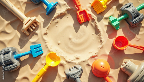 Obraz na płótnie Colorful sandbox toys for International Children's Day in sandy area w salonie