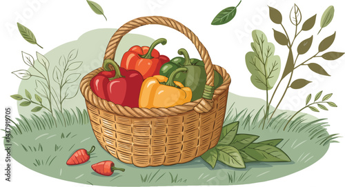 Capsicum vector design, Capsicum in wicker basket in natural background vector design